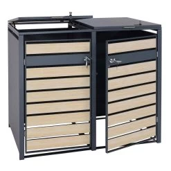 2er Mülltonnenverkleidung Erweiterbar Metall, Buche-Holzoptik Hellbraun